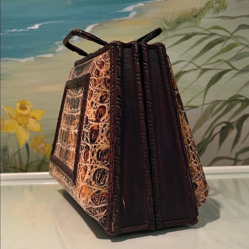 Vintage Faux Croc-Embossed Trapezoid Top-Handle Wood Bag in Brown - Picture 2 of 11